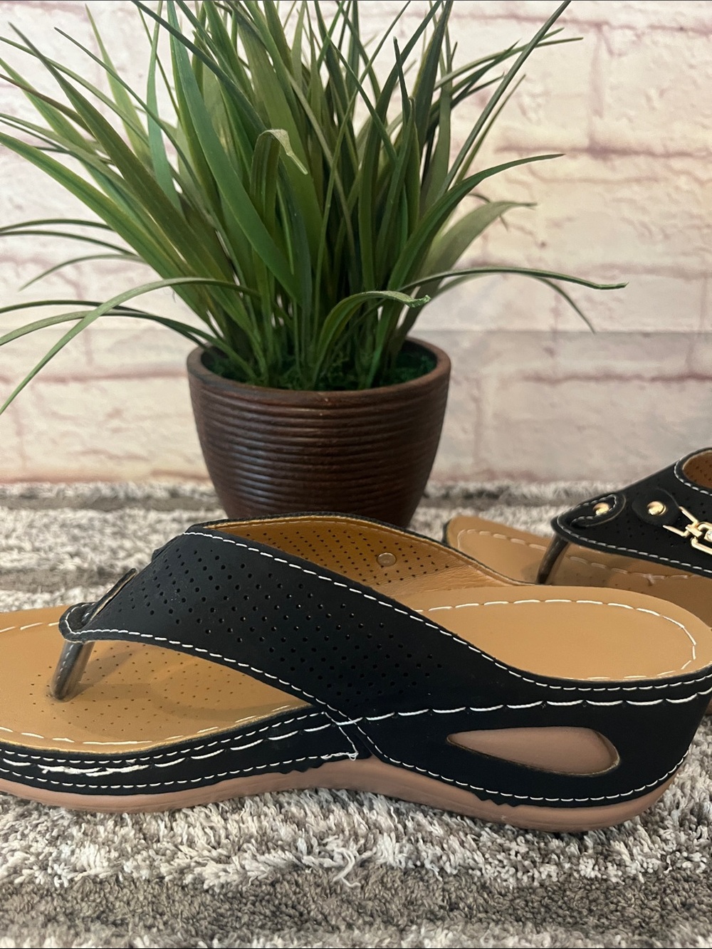 Black and Tan Embellished Thong Sandals - Picture 8 of 10